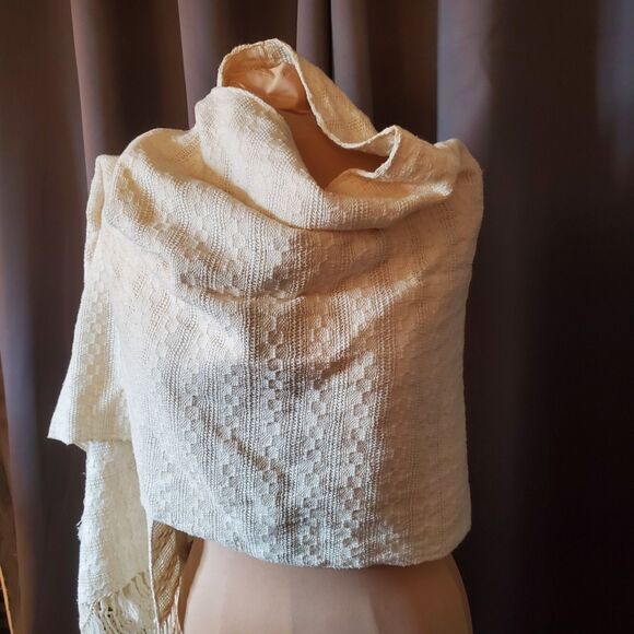 Off-White Cream Weave Shawl Scarf Wrap with Fringe - Picture 3 of 16